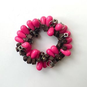 Pink Plastic and Wood Beaded Stretch Bracelet